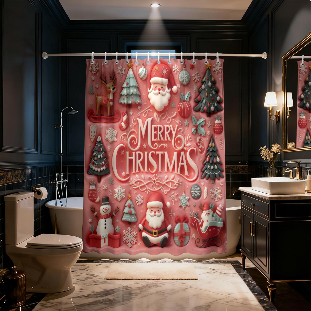 

1Pc Imitation Relief Pink Santa Claus Print Waterproof Shower Curtain Partition Privacy Hanging Curtain 12 Hooks Multiple Sizes 180x180cm