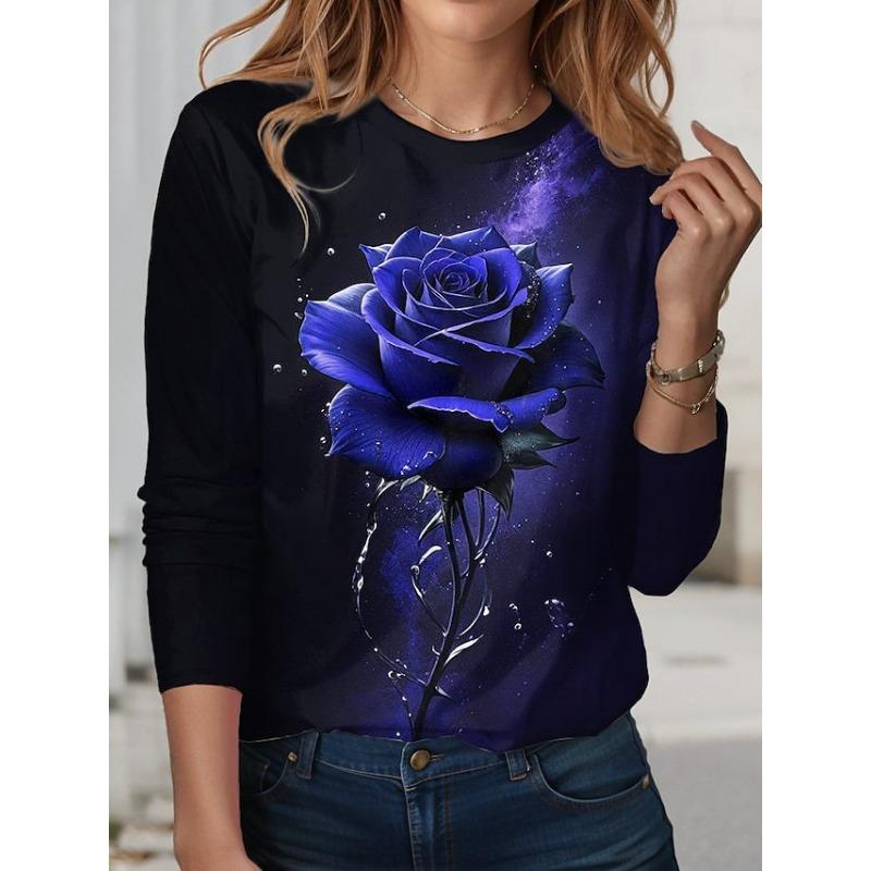 Spring and Autumn Trendy Round Neck 3D Flower Printed Top Colorful Loose Long Sleeve T-shirt