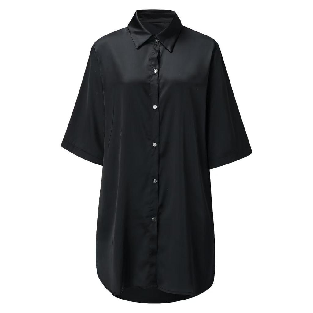 European & American Style Solid Color Silky Satin Women’s Long Pajama Shirt - Sexy, Comfortable, Skin-friendly.