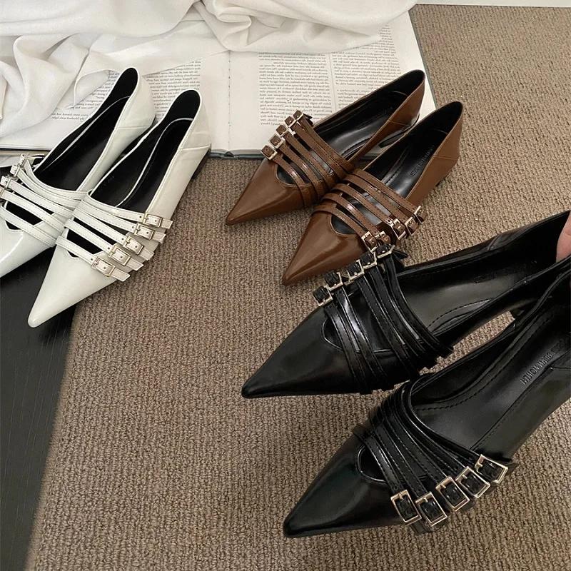 Shoes for Women Pumps Low Heel Pointed Toe Goth Sexy Elegant Woman Heeled White Loafers Slip on New in Belt Buckle