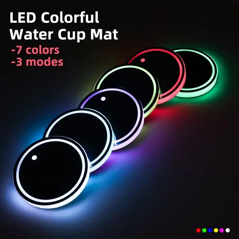 New LED Cup Holder Lights Car Rechargeable 3 Modes 7 Color Changing Light Up Cup Holder Insert Coasters Car Decor Accessories