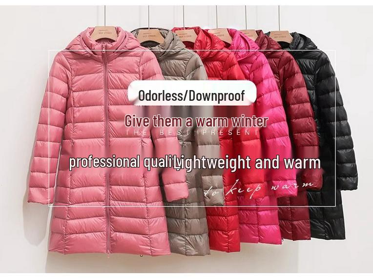 2024 Women's Lightweight Mid-Length White Duck Down Jacket, Korean Style, Slimming Design with Detachable Hood