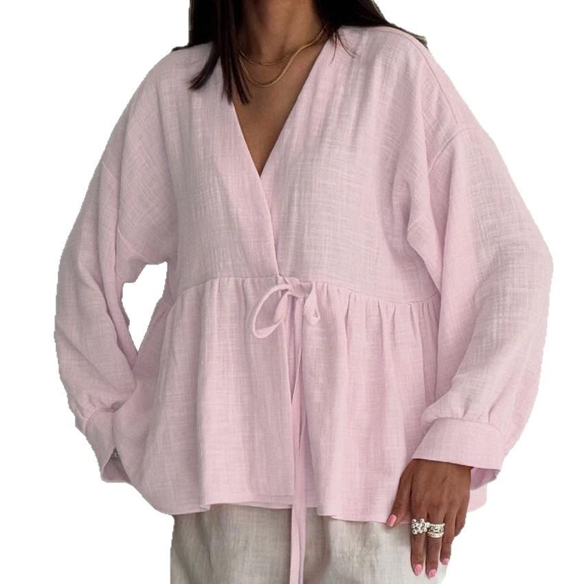 

Весенне-осенняя мода однотонная рубашка с V-образным вырезом новая удобная и мягкая для женщин XL розовый