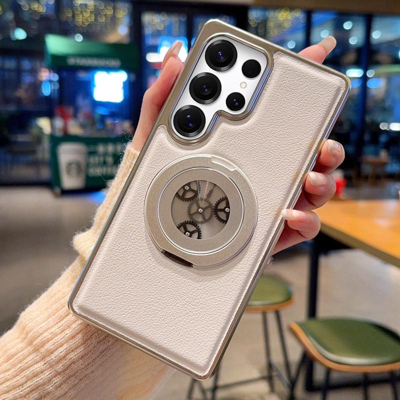 For Samsung Galaxy S24 Ultra Magnetic Case Rotating Kickstand Gear Stress Relief Leather Phone Back Cover