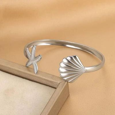 Stainless Steel Shell Starfish Bangles For Women Gold Color Stainless Steel Opening Geometric Cuff Bangle Aesthetic Jewelry