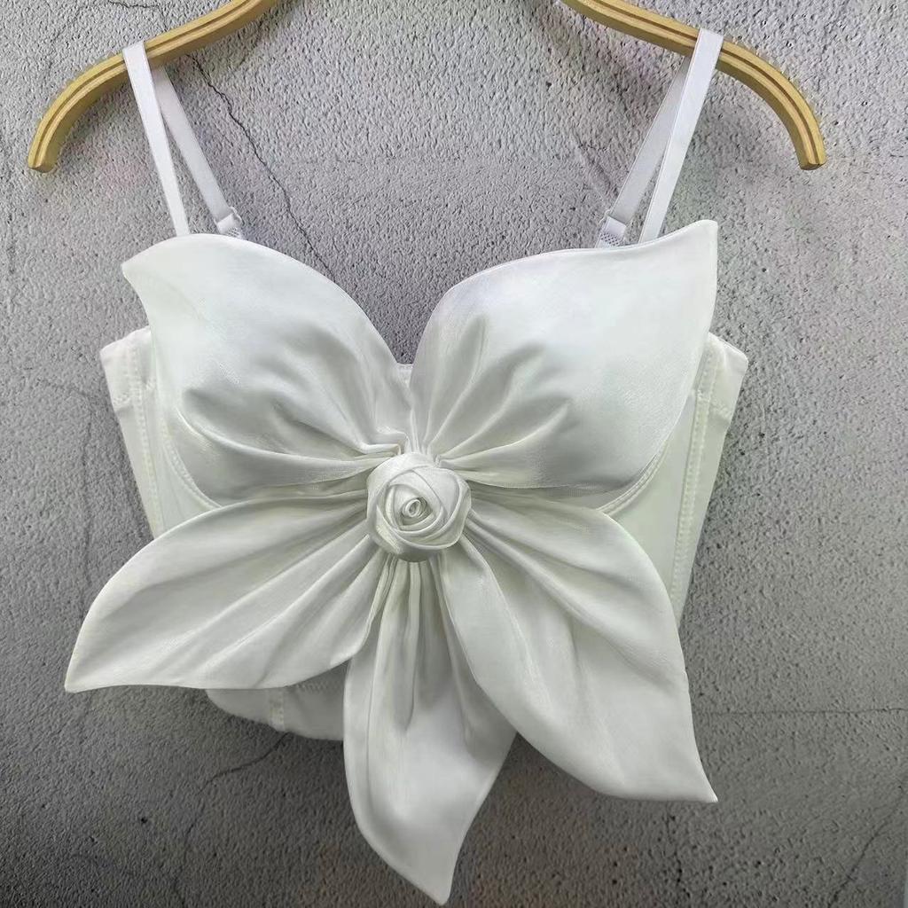 Handmade Large Flower Solid Color Small Tank Top Straps Elegant Retro Stage Style Spring Fishbone Fitted Top Camis & Tank Tops