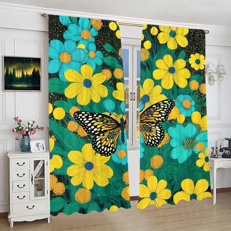 2PCS- Butterfly - Printed Curtain, -100% Polyester Material, Suitable for Bedroom Curtains and Living Room Decoration.