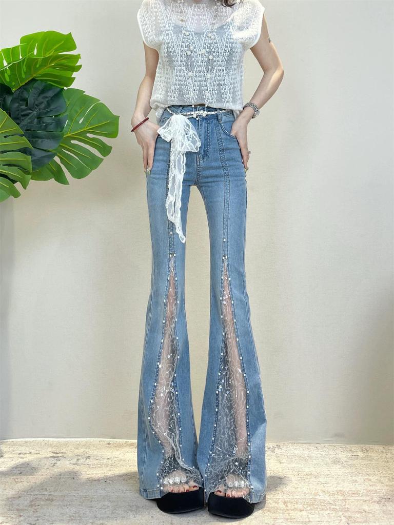Women's Rhinestone High-Waisted Blue Lace Flare Jeans