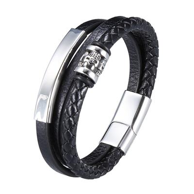 New Stainless Steel Black Multilayer Genuine Leather Bracelet For Men Clasp Button Vintage Male Bangle Jewelry BB1000
