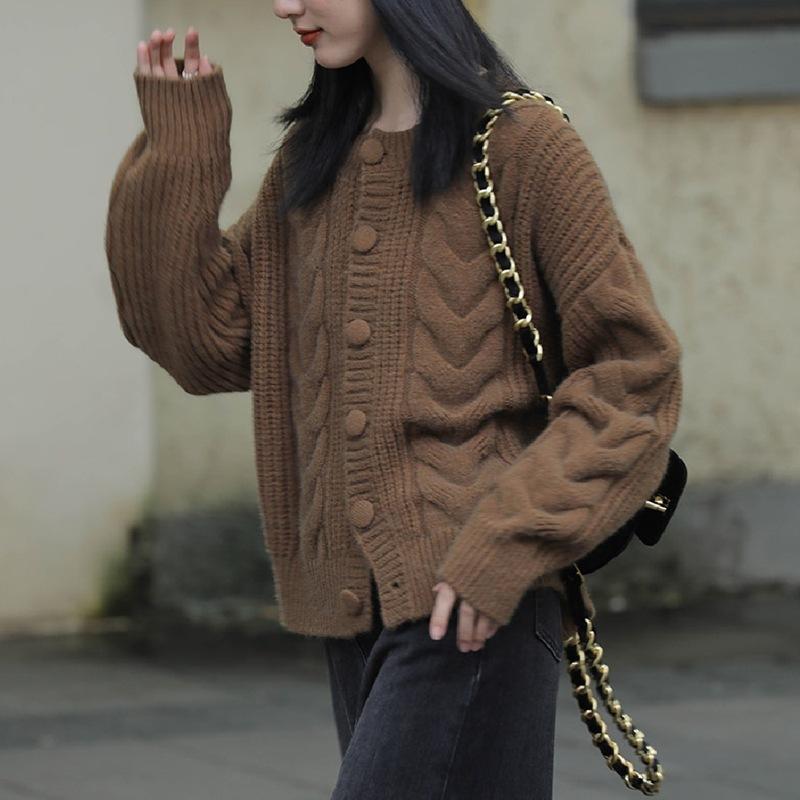Sweet Twist Soft Sweater Coat for Women Winter Autumn Loose OuterWear Long Sleeve O-Neck Knitted Cardigan Sweater
