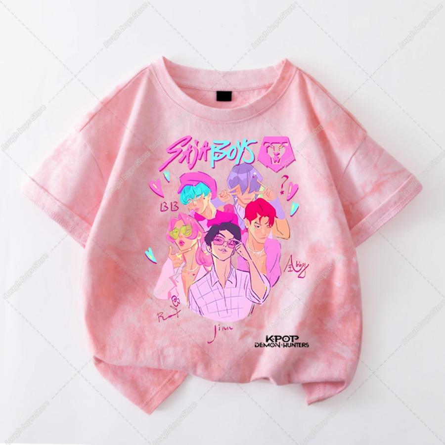 Kawaii KPop Demon Hunters Tie-dye T-shirt Girls Short Sleeve Tops Rumi Mira Zoey Printed Tee Shirts Summer Children's Clothing