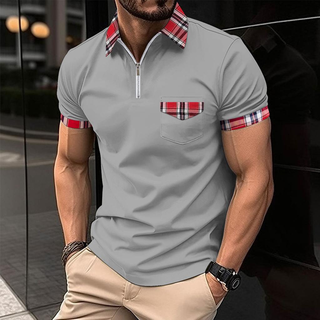 Neues Herren einfarbiges Collage-Taschen-Revers-Reißverschluss-Alltags-Freizeit-Kurzarm-Poloshirt