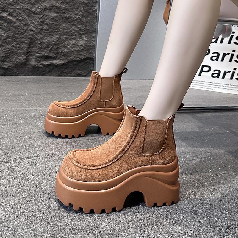 Fashion 9CM Women Ankle Boots Microfiber Leather High Platform Boots Autumn Winter Chunky Booties Slip On Short Punk Boots Sneakers