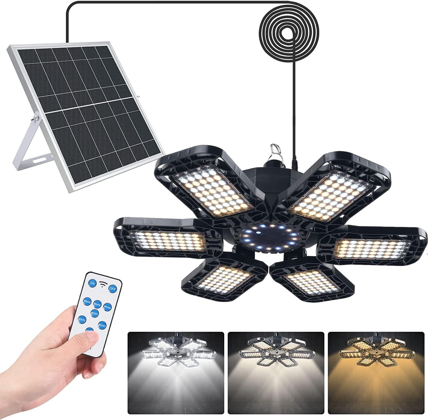 

highydro LED Solar Light, Outdoor, Waterproof, Separate LED Sensor Light, 6 Heads, 1800 Lumens, 6-Sided Lighting, DayNight Automatic OnOff, 3 Color