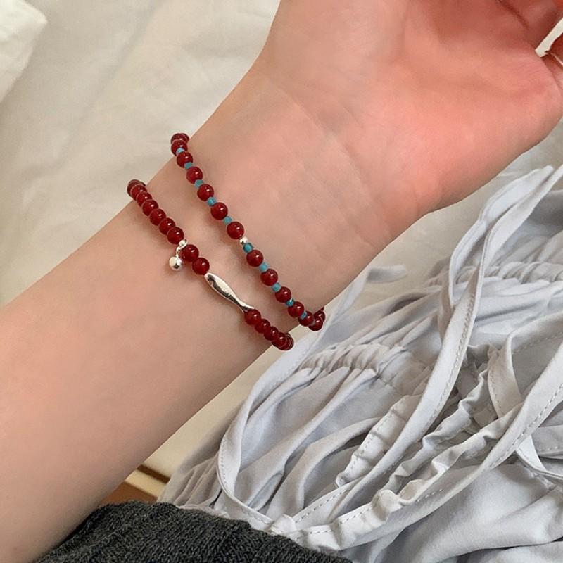 Korean INS Style Handmade Plated Copper Red Agate Fish Charm Bracelet Women Minimalist Layering Jewelry