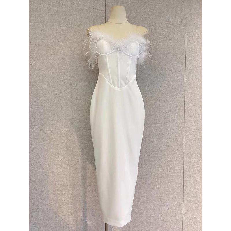 Feather Tube Top French-Style Celebrity-Inspired Slimming Evening Dress for Women