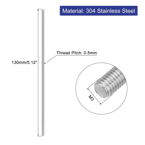 uxcell Fully Threaded M3 Threaded Rod Stud Bolts, Long Thread, 130mm Length, 0.5mm Pitch, 304 Stainless Steel, Right-Hand Thread, 4 Pieces