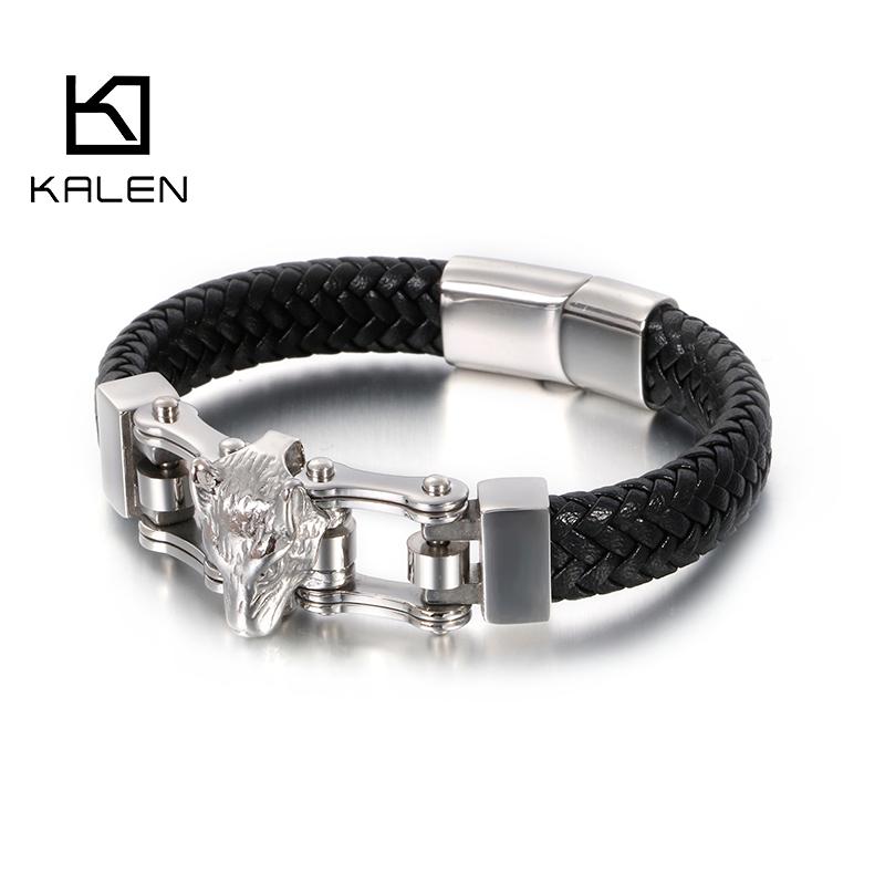 KALEN Black Genuine Leather Braided Rope Wolf Bracelet Men 21cm&Punk