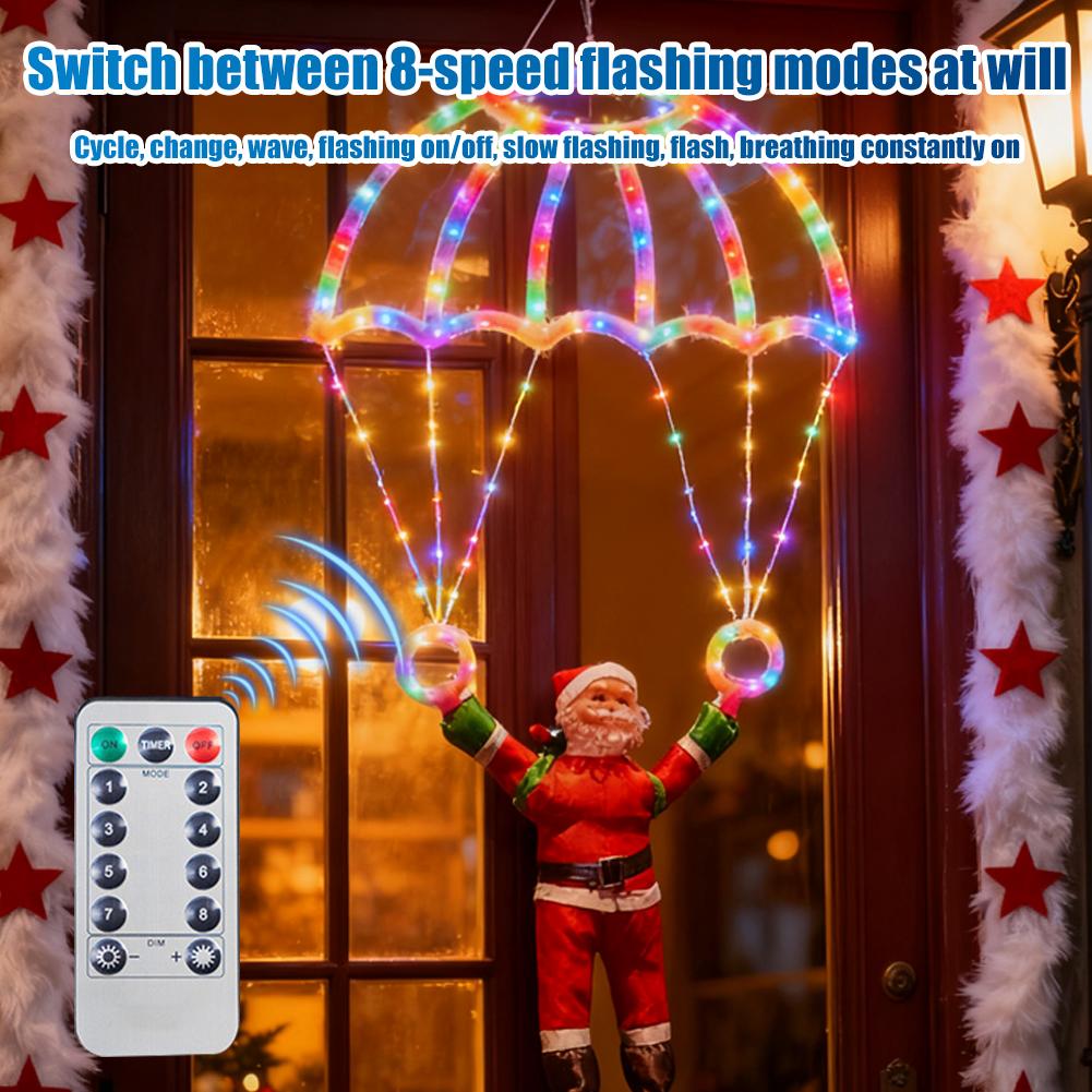 Christmas Parachute Light With Santa Claus 8 Mode Hanging Xmas Lamp For Roof Eave Porch Balcony Fence Tree Home Room Decor M1L1
