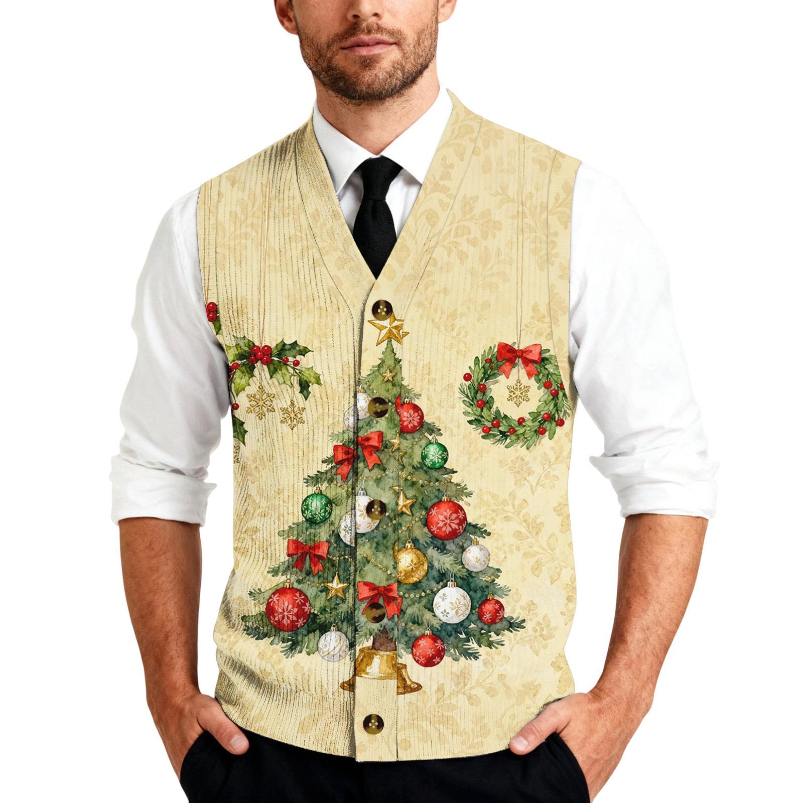 

Men s Christmas Print Sleeveless Knit Button Shirt Vest Holiday Themed Casual Layered Knitwear M хаки