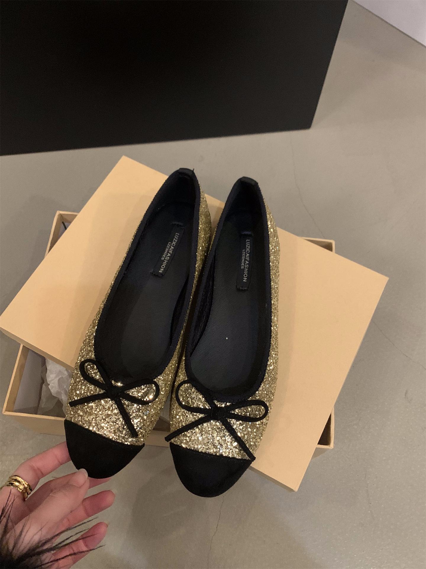 

Туфли французские серебряные с блестками на плоской подошве, женские туфли 2024 года, новые весенние и осенне-зимние нежные вечерние туфли, балетки 40 золотой