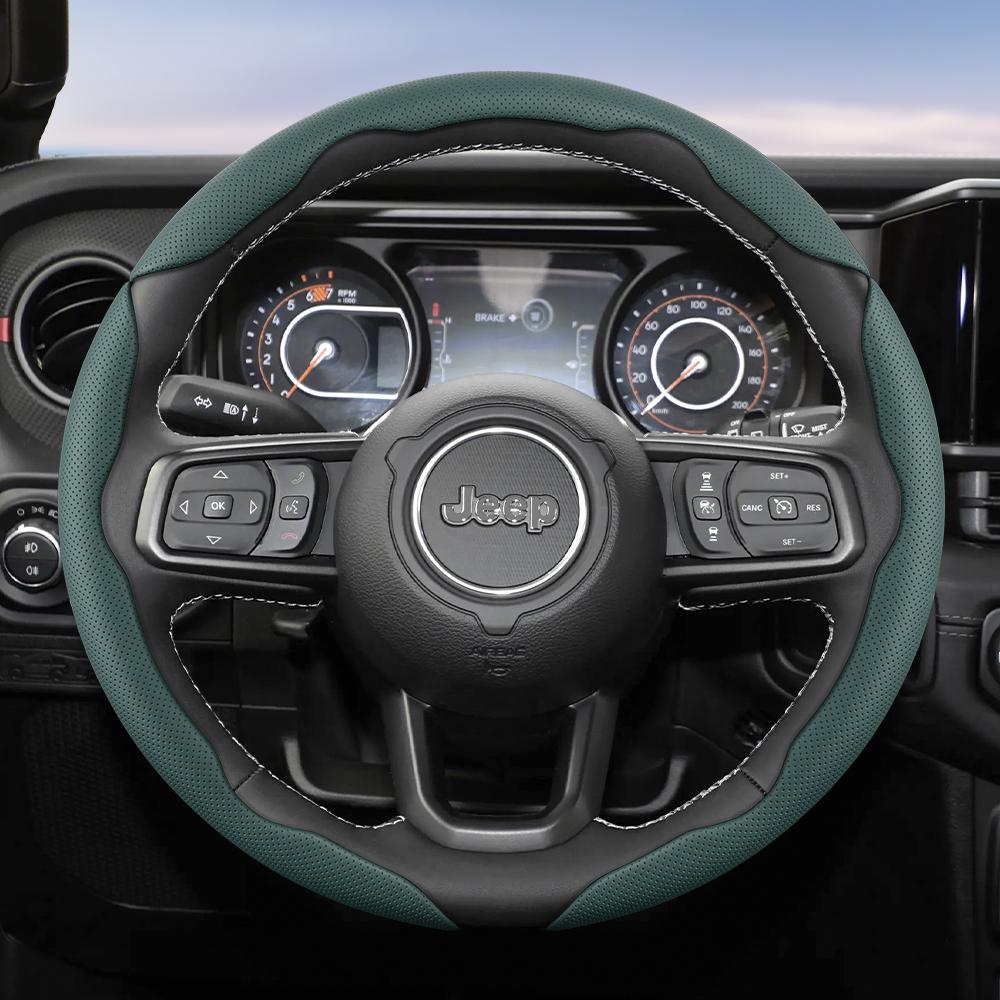 Suitable for Jeep Breathable Hole Leather Steering Wheel Cover Segmented Quick Release Design Non-Slip Durable Compass Renegade Wrangler Grand C AMU1