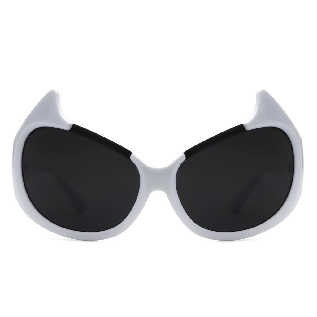 MAXJULI Devil Horned Sunglasses Women Oversized Oval Wrap Around Cat Eyes UV400 Protection W8241
