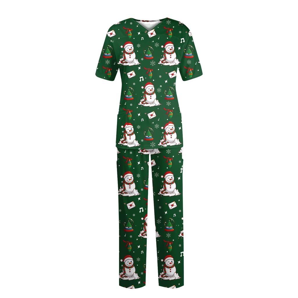 Women's Fashion Print Short Sleeve V Neck Pattern Tops Pocket Working Set