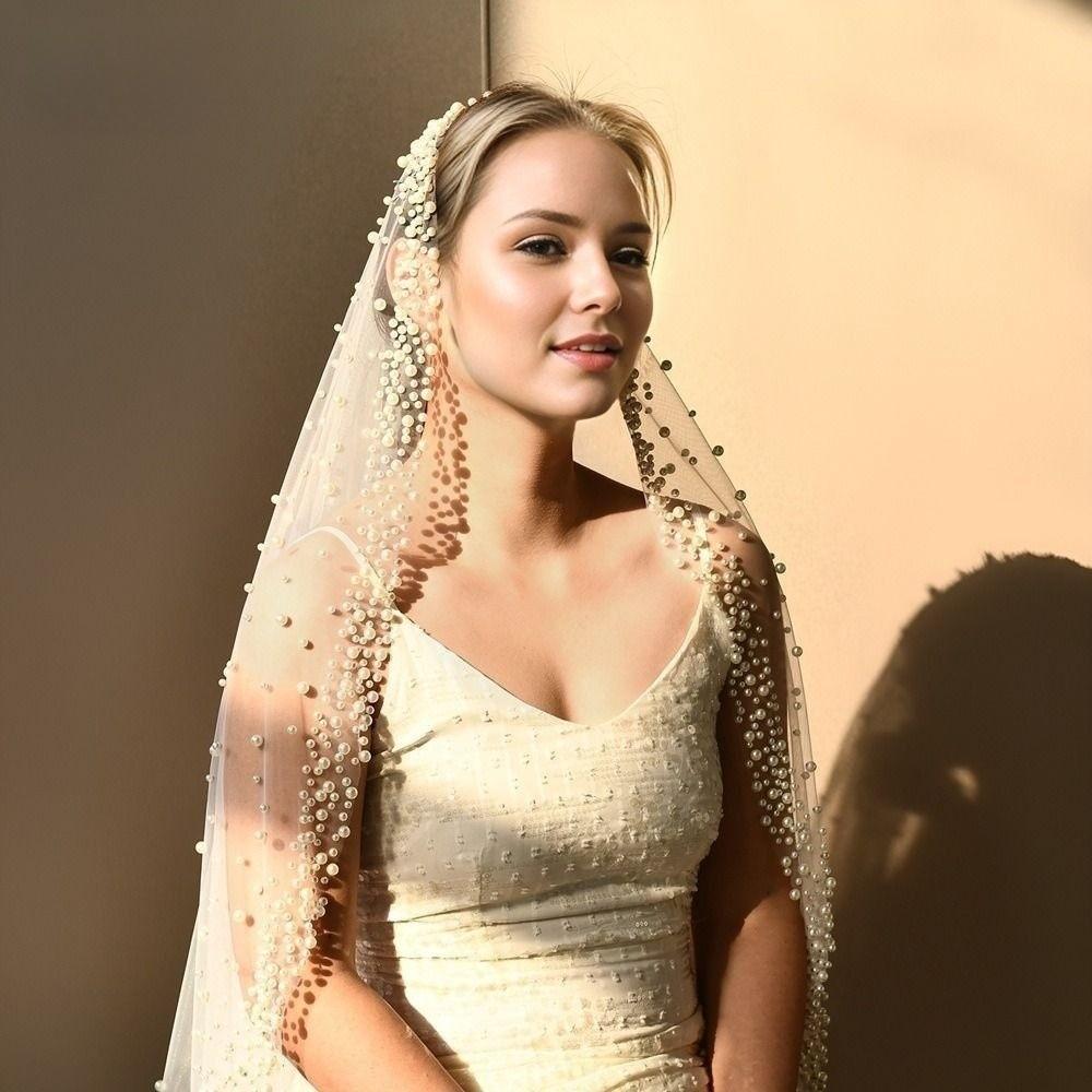 130cm Pearls Tulle Bridal Veil Vintage Wedding veil Elegant Waist Length Drop Veil  Wedding Dress