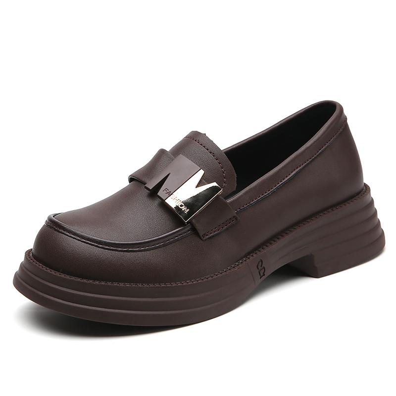 Retro Women Leather Shoes Low-cut Slip-on Loafers Waterproof Ladies Elegant Chunky Shoes for Walking Traveling Non-slip Soft Sole