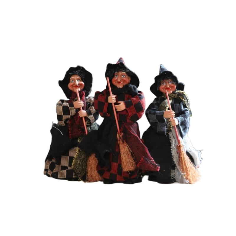 

3Pcs Festival Witch Ornament Handmade Cloth Broom Wizard Figurine Decoration For Shop Window Display Indoor and Outdoor 1