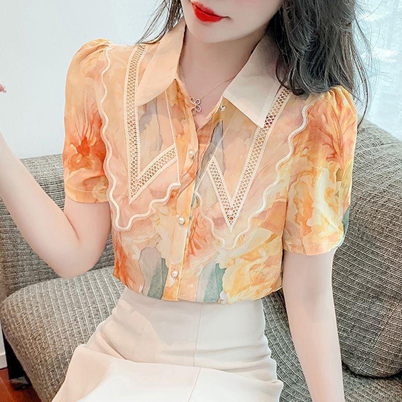 

Женская одежда, модная кружевная лоскутная рубашка с цветочным принтом, шикарная элегантная рубашка, летняя милая тонкая блузка с короткими рукавами, Blusas Mujer L оранжевый
