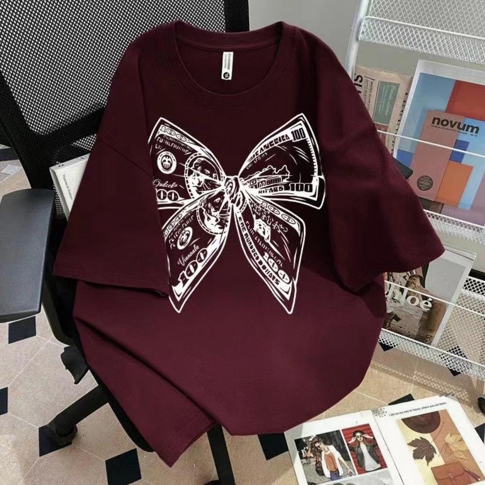Summer Fashion Trendy Bow Printing Round Neck T-shirt Short Sleeve Large Size Universal Top for Men and Women