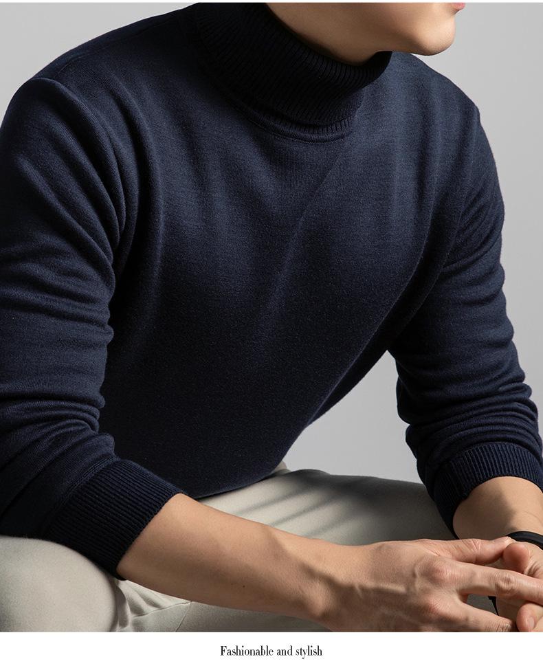 Men's Thick Velvet Wool Sweater - Machine Washable High Neck, Autumn/Winter, 550g Warm Base Layer