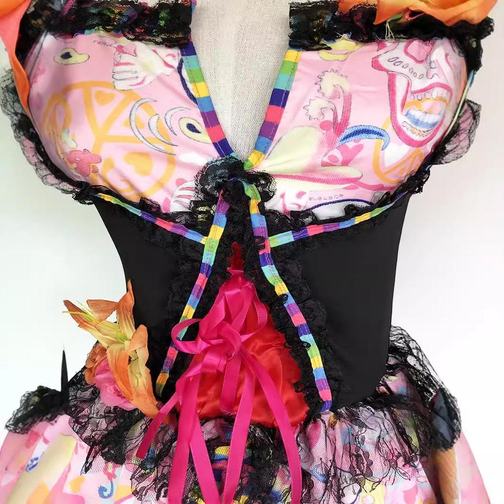 Halloweenský potisk upírský svatební kostým, kostým na párty duchů, den mrtvých cos šaty s lebkou