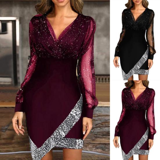 Formal Dress Solid Color Sequins Spring Autumn Net Yarn See Through Dress for Wedding