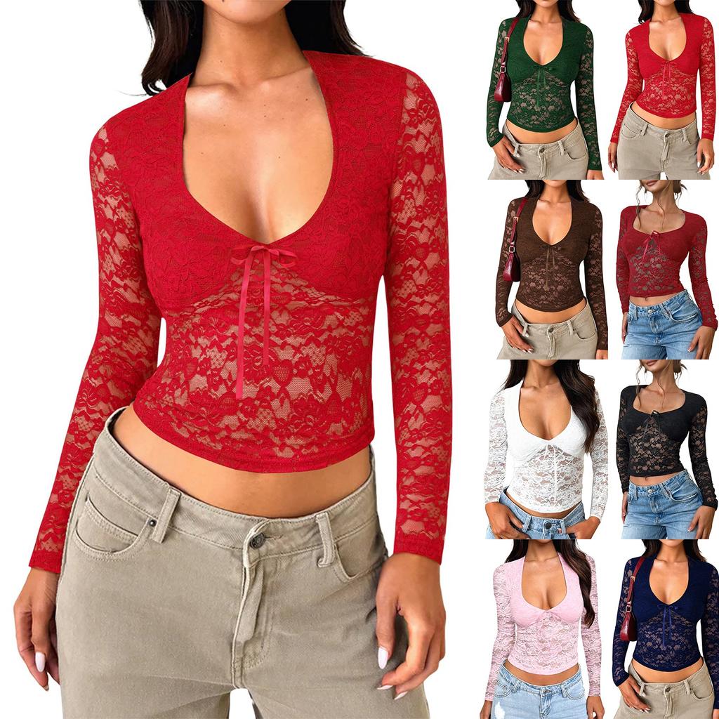 Sexy Slim Fit Dlouhý Rukáv Krajkový Top s Dírkami