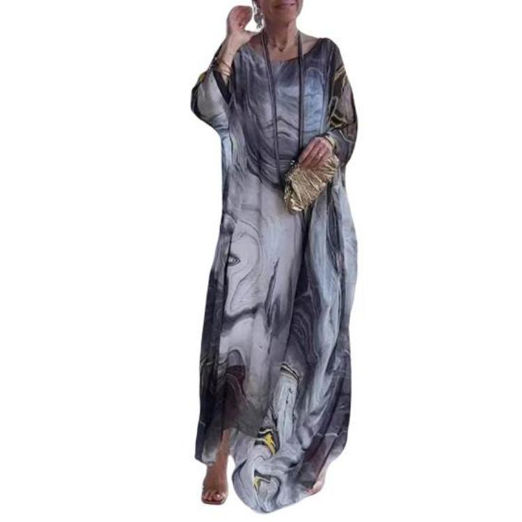 Double Layered Marble Print Maxi Dress for Women Irregular Bat Sleeves Oversized Flowy Casual Dress Round Neck Ankle Length