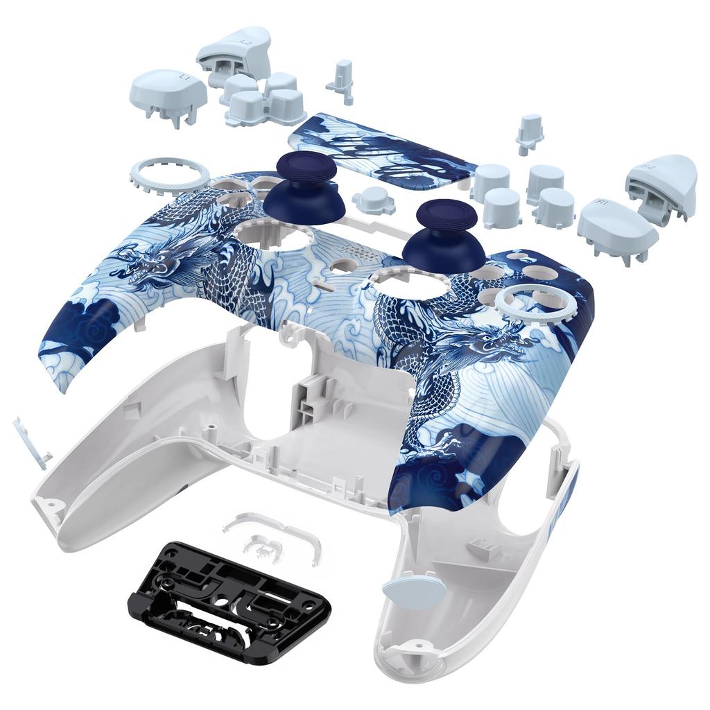 eXtremeRate Compatible with PS5 and Redesigned Luna Full Patterned Housing Button and Touchpad Custom Black Replacement Top and Bottom Covers for PS5