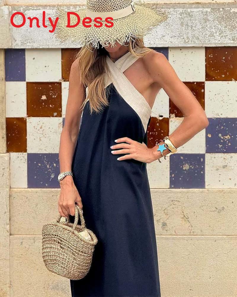 Modern Elegant Sleeveless A Line Dress With Splicing Design For Office Wear