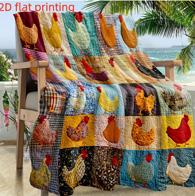 1pc This Colorful Plaid Farm Chicken Patchwork Flannel Blanket Features A Flock Of Multicolored Chickens And Floral Trim. Soft