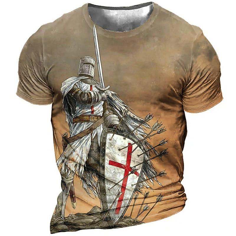 Men's Templar Cross Print Soldier T-shirt Christian T-shirt Short Sleeved T-shirt 3D Printed Round Neck Shirt