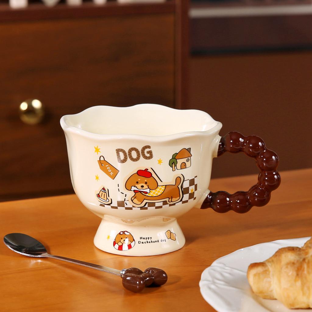 Dackel Keramik Wasserbecher Süße Tasse mit Deckel und Löffel Kreativer Jungenstil Kinder Frühstückstasse Große Kapazität