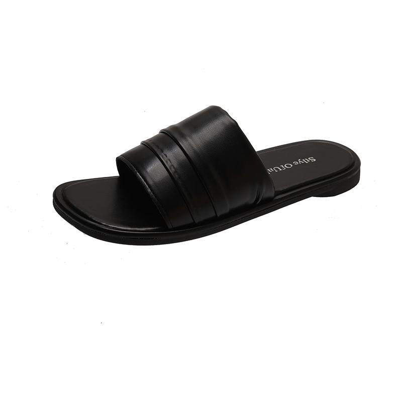 Silver pleated word with cool slippers women's summer wear square head flat bottom soft bottom versatile casual lazy sandals