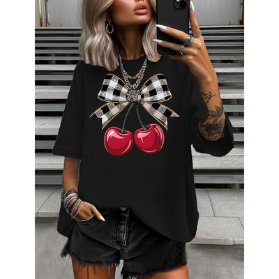 Women's Plus Size T-Shirt Original Design Fashion Bowknot Cherry Pattern Printed Women's Casual Round Neck Short Sleeved Tops