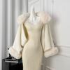 Womens Oversized Knit Cape Coat Winter Warm Faux Fur Short Jacket Loose Fit Solid Color