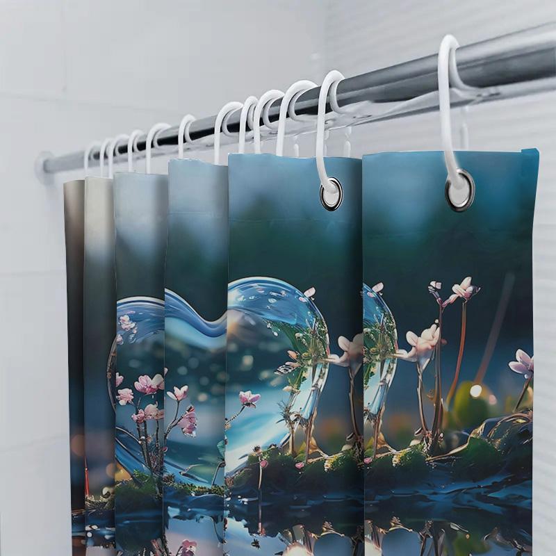 3D Heart Lake Shower Curtain | Romantic and Nature-Inspired Bathroom Decor