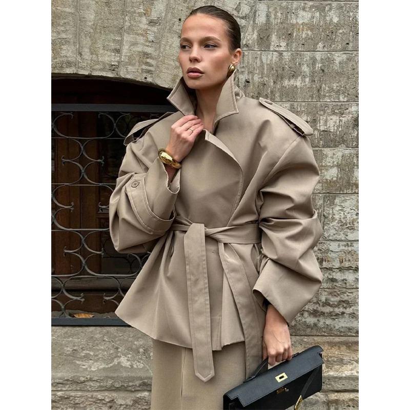 Women V-neck Lapel Belt Trench Coat Fashion Lace Up Full Sleeve Button Short Thin Windbreak 2026 New Lady Daily Street Outerwear