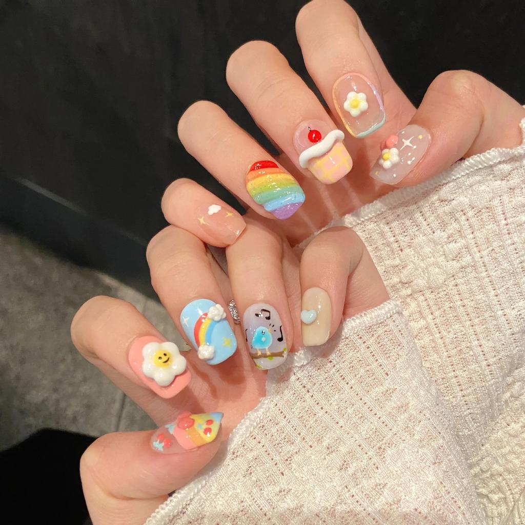 10 Pcs 3D Pattern Handmade Press On Nails Candy Full Cover Fake Nails Reusable Stick On Manicure Tips