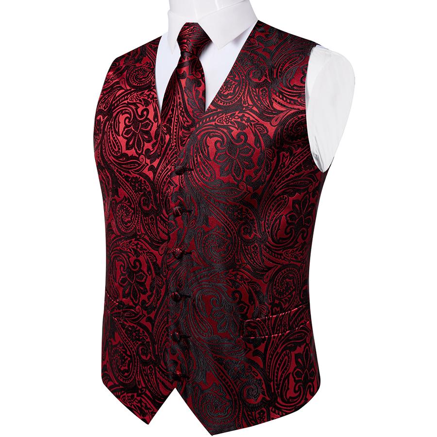 Mens Red Waistcoat Paisley Floral Vintage Vest Tie Set Wedding Formal Casual